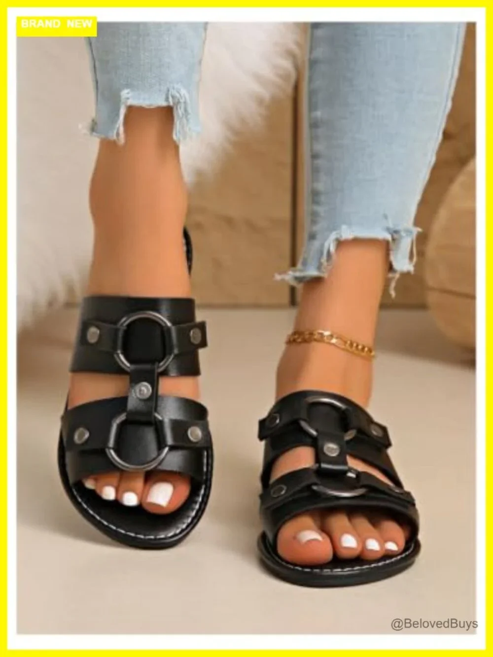 Faux Leather Ring Buckle Flat Sandals Open Toe Wide Strap Slide